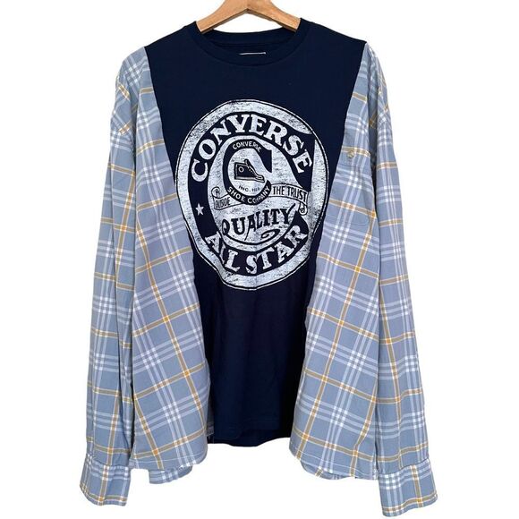 Reworked Upcycled Blue Oversized Baggy Converse Two Tone Long Sleeve Plaid Shirt - Picture 3 of 5